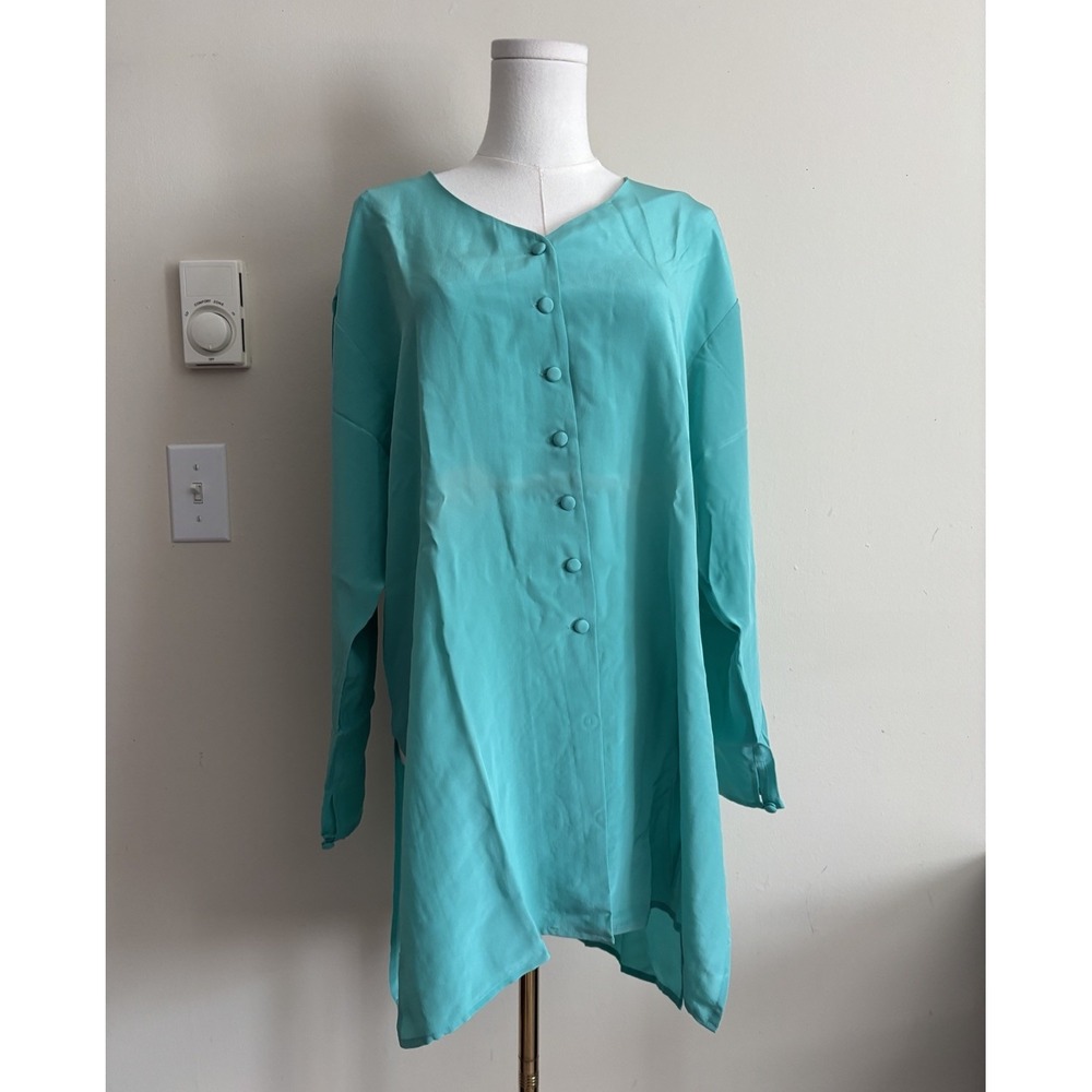 Diane von Furstenberg Medium Button Up Top Turquoise Blue Silk 80s 90s Vintage
